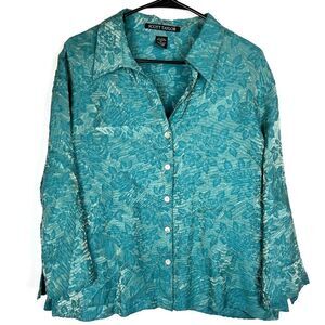 Vtg Metallic Sheen Scott Taylor Teal Shimmery Gold Crinkle Button Down Blouse XL